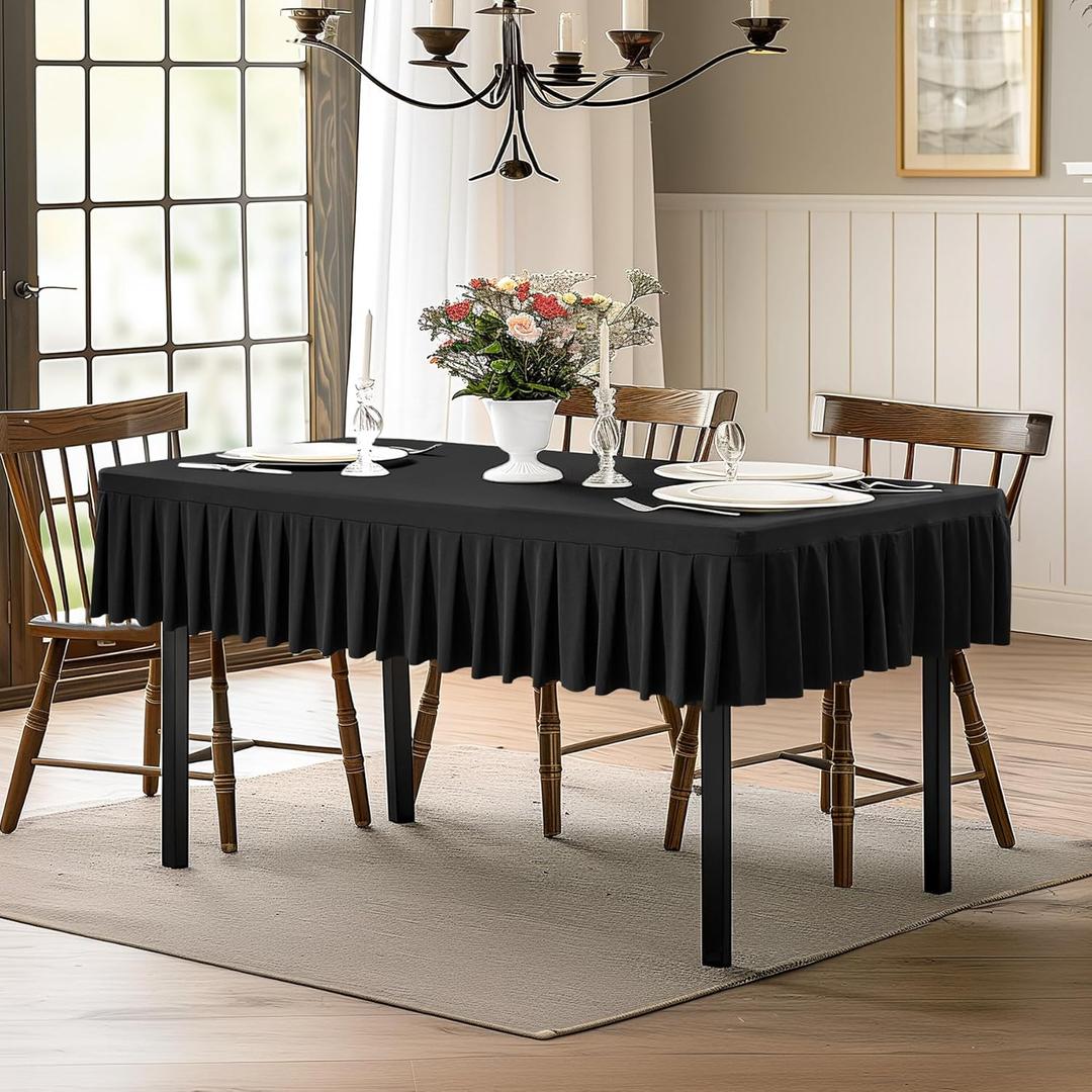 8ft Black Table Cloth Rectangle Stretch Fitted Ruffle Pleated Table Skirt No-Slip, Wrinkle-Free Spandex Tablecloths Portable TableCover for Retirement Sad Day Birthday Party Decor Wedding Baby Shower (96" x 30" (8FT-1 Pack))
