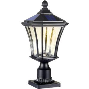 Solar Post Lights Dusk to Dawn Outdoor Solar Lamps with Pier Mount Base, Waterproof Exterior Pole Lights Head with Patterned Glass, Pillar Light for Outside House, Driveway, Black