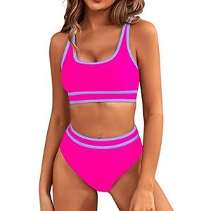 BMJL Women's High Waisted Bikini Sets Sporty Two Piece Swimsuits Color Block Cheeky High Cut Bathing Suits Large