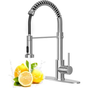 Brushed Nickel Kitchen Faucet with Pull Down Sprayer, Stainless Steel Spring Commercial Kitchen Sink Faucet with 10-Inch Deck,1 or 3 Hole Installation for Farmhouse, RV Camper, Laundry & Utility Sink