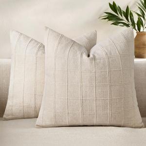 Woaboy Linen Check Throw Pillow Covers Set of 2 - Natural Beige Farmhouse Modern Boho Vintage Decorative Cushion Covers for Sofa Couch Bedroom Living Room Decor 18x18 Inch