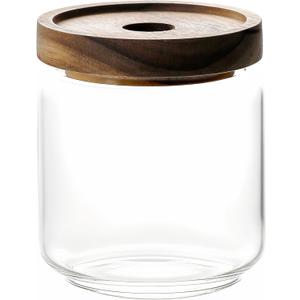 480ML/16Oz Clear Cute Glass Storage Canister Holder with Stackable Airtight Wood Lid, Modern Decorative Small Container Jar for Coffee, Spice, Candy, Salt, Cookie, Condiment, Pepper, Sugar
