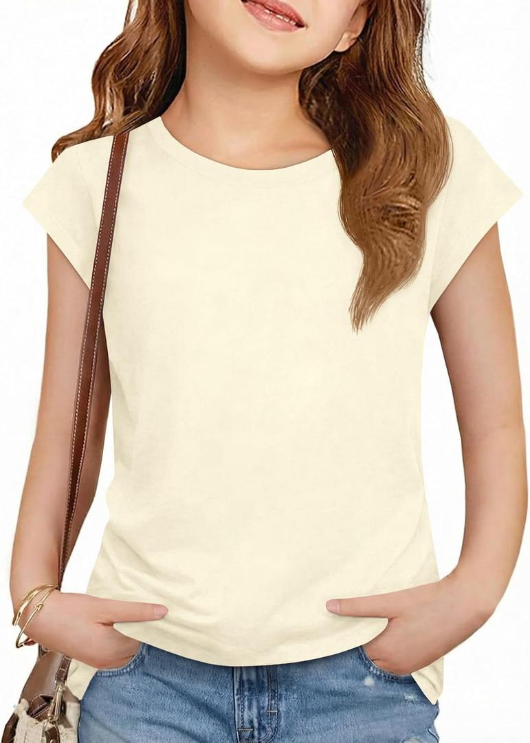 ZDC Girls Short Cap Sleeve T Shirts Kids Crewneck Summer Tops Basic Tees 5-14 Years (Beige)