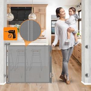 Reinforced No Drill Retractable Baby Gates for Dogs No Drilling Mesh Dog Gate with Support Rod to Prevent Crawling Underneath, 55" Wide Retractable Dog Gate for Stairs No Drilling Retractable Pet Gate