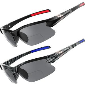 DEHOTRE 2 Pack Bifocal Reading Sunglasses Men TR90 Frame Wrap Around Sports Semi Rimless Sun Readers for Driving Golf Fishing, +1.50