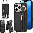 Jcxtrombulous Crossbody Wallet Case for iPhone 14 Pro with Lanyard Strap Card Slot Holder RFID Blocking Ring Kickstand,Magnetic Flip Folio Zipper Purse Case, PU Leather Cover Handbag,Black