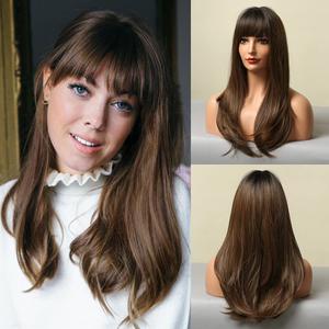 HAIRCUBE Brown Wigs for Women Long Straight layered Wig with Bangs Heat Resistant Fiber Synthetic Wigs Daily Natural Looking