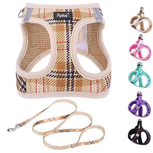 PUPTECK Dog Harness and Leash Set for Dogs No Pull Step-in Soft Mesh Puppy Cat Vest Harnesses Reflective at Night, Plaid Pattern Beige XS