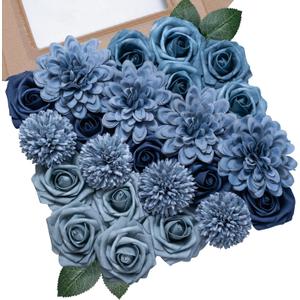 Dusty Blue Flowers Artificial Roses Combo Set Faux Blue Silk Flowers Fake Roses Mix Chrysanthemum Dahlia with Stems for Wedding Bouquets Baby Bridal Shower Party Floral Arrangements Decor