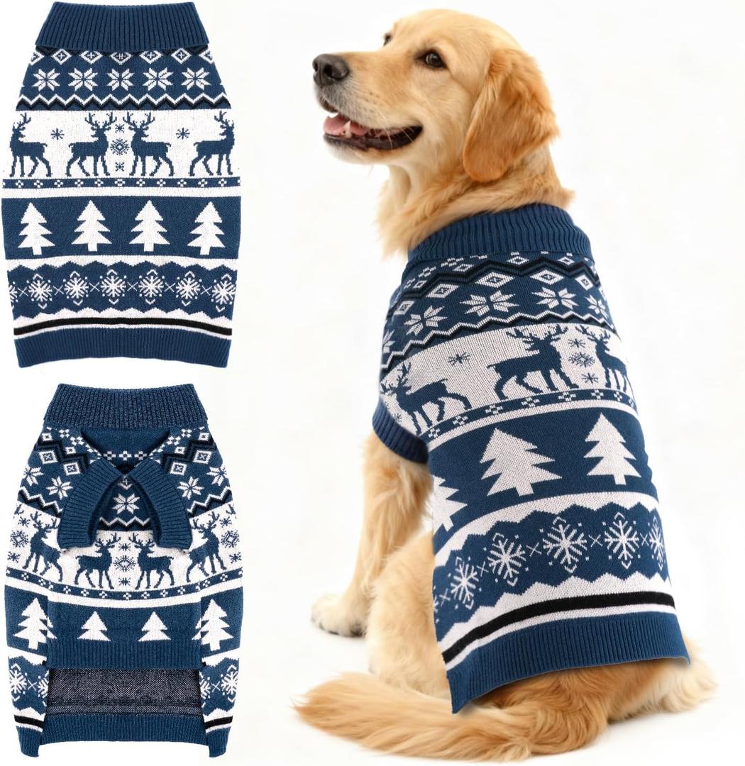 Christmas Dog Sweaters for Small Medium Large Dogs Girl Boy Knit Turtleneck Double Dog Sweater Clothes Winter Thick Warm Pet Puppy Outfit Snowflake Pattern for Holiday Christmas, Blue, XXL