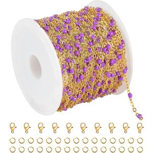 KYUNHOO 5 Meters Gold Stainless Steel Chains for Jewelry Making Purple Enamel Beaded Chain Roll with Lobster Clasps Jump Rings for Crafting Bracelet Choker DIY