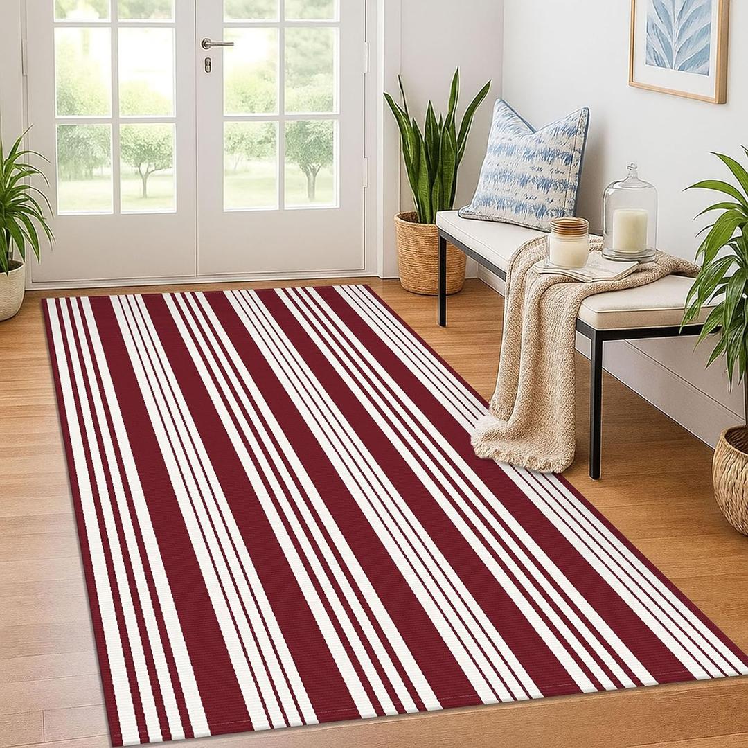 KOZYFLY Striped Outdoor Rug 4x6 Ft Red and White Christmas Front Door Rug Woven Area Rug Washable Indoor Cotton Rugs for Living Room Kitchen Entryway Patio Front Porch Holiday Decor
