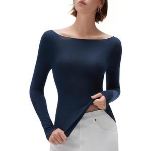 SUUKSESS Cloud Cashmere Women Boat Neck Fitted Long Sleeve Shirt Basic Knit Tops, L, Dark Blue