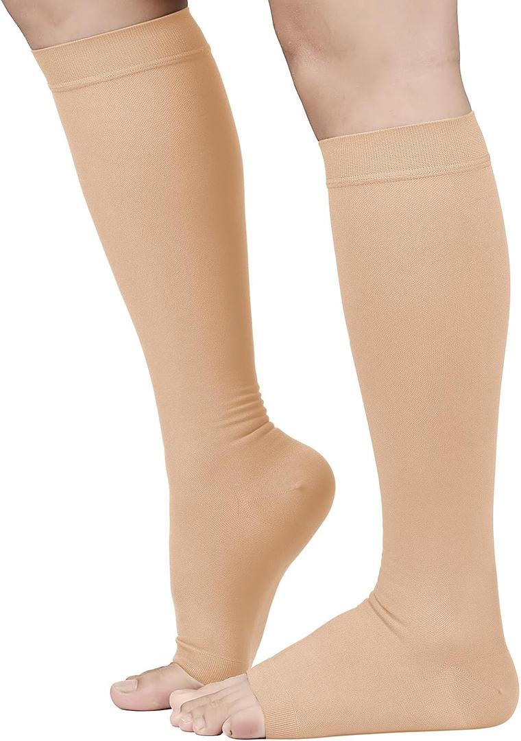 TOFLY 30-40mmHg Medical Graduated Compression Socks for Men & Women, Open Toe Knee High Compression Socks, Firm Support for Circulation Recovery, Shin Splints, Varicose Veins, Edema,Nursing, Beige XL