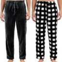 2 Pack Mens Plush Pajama Pants, Fluffy Warm Fleece Sleep Pj Soft Lounge Bottoms with Pockets for Winter (Black, L)