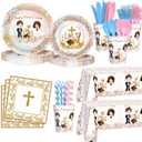 194 Pcs First Communion Baptism Party Decorations Boho Nuestra Primera Comunion Party Supplies Twins Christening Disposable Tableware Set with Plates Napkins Cups Tablecloth Serves 24
