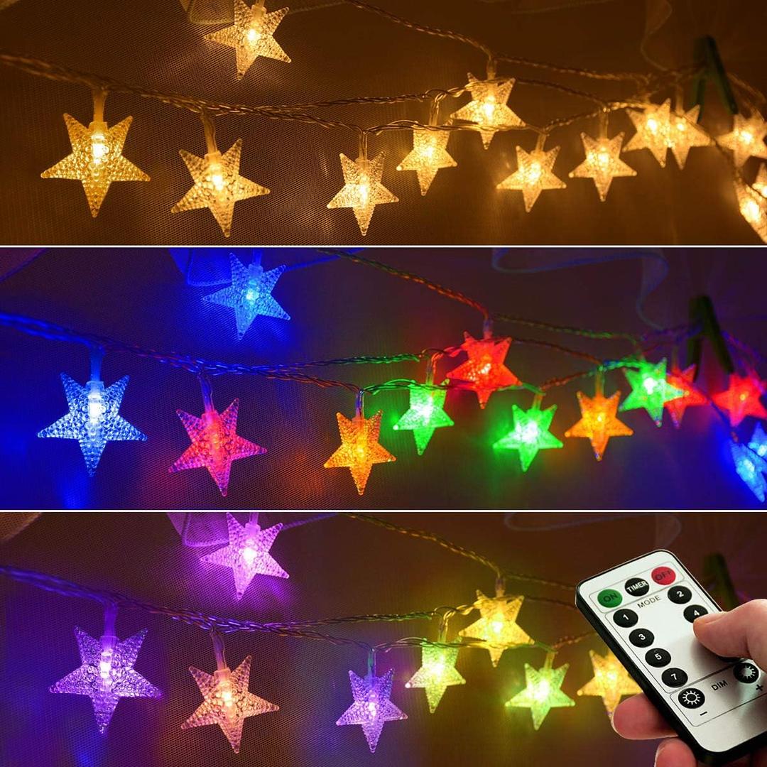 Homeleo 25ft 50 LED Multicolor Star String Lights for Bedroom Decorations, Battery Operated Led Christmas Lights for Apartment Dorm Room Decor(Remote/Timer/Warm White Multicolor Combination)