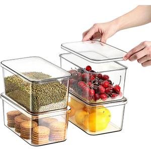 Clear Storage Bins With Lids,4 Packs Food Storage Organizer,Stackable Kitchen Cabinet,Bathroom Basket,Fridge Organization.Pantry Transparent Containers For Fruits,Drinks