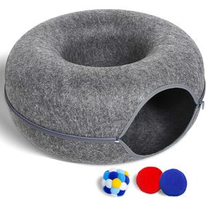 Large Cat Tunnel Bed for Indoor Cats with 3 Toys, Scratch Resistant Donut Cat Bed, Up to 30 Lbs (L 24x24x11, Dark Grey)