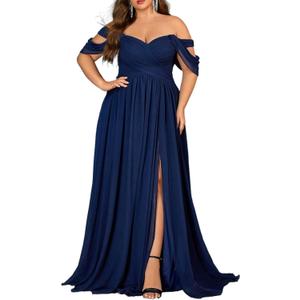 Women's Daily Plus Size Dresses A Line Chiffon Wedding Guest Bridesmaid Maxi Dress Prom Evening Party Cocktail Gown (Blue, XL)