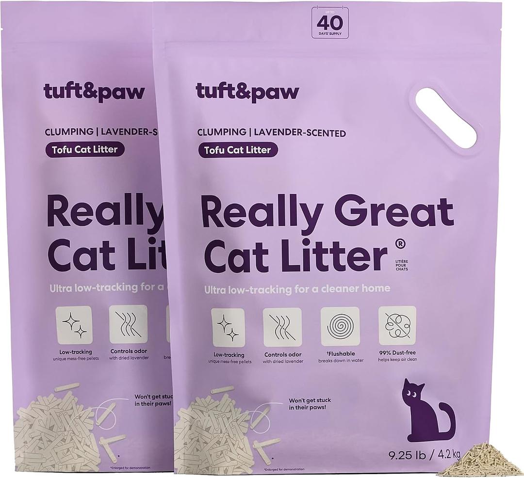 Tuft & Paw Really Great Cat Litter, Low Tracking Tofu Cat Litter, Clumping, Flushable, Odor Control, Dust-Free - 9.25lbs x 2Bags (Lavender Scented)