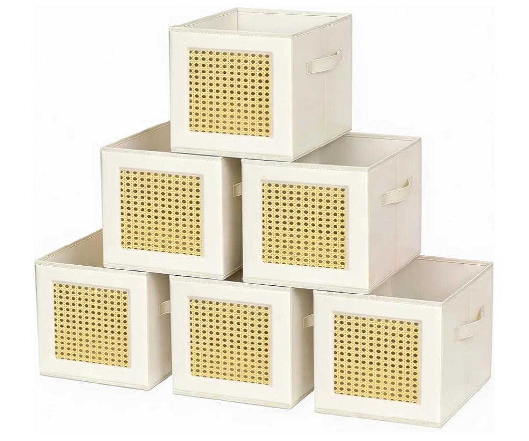 homyfort Cube Storage Organizer Bins, 11x11 Inch Bins Baskets Box for Cube Storage, Made from Natural Bamboo and Sturdy 210D Oxford Fabric, Set of 6, Beige
