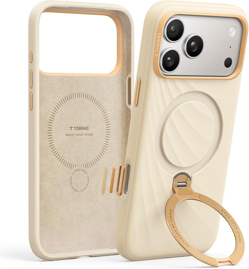 TORRAS Q3 Wind Flow for iPhone 17 Pro Case Silicone, Fit for MagSafe, Magnetic 360 Spin Stand with Camera Control, Liquid Silicone Rubber Soft Phone Case for iPhone 17 Pro 6.3'', Cream Sand