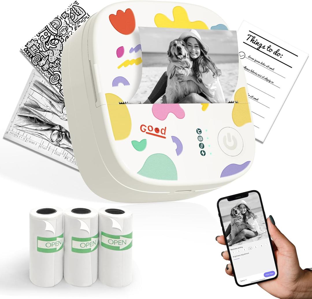 Mini Sticker Printer AHM2, Mini Thermal Printer with 3 Rolls Paper, Portable Bluetooth Inkless Print pods, Pocket Label Maker Suitable for Creative Kids DIY, Diaries, Photos, Study Notes -White
