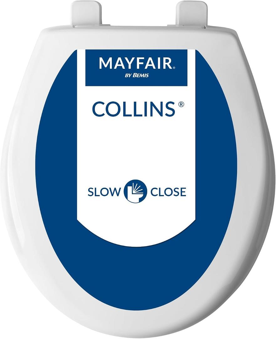 Mayfair Collins Slow Close Toilet Seat, Durable Plastic Seat with Extra Stability Bumpers and Secure Hinges, Made in USA, Round, White