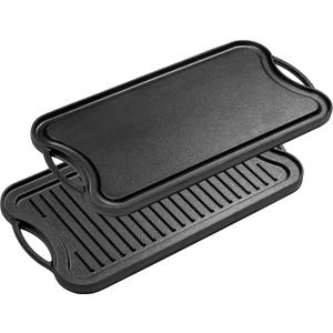 Bruntmor 2-In-1 Cast Iron Skillet Rectangle Roasting Pan With Reversible Griddle Pan For Stove Top - 20"x10" Multi Cooker Deep Roasting Grill Pan, Non-Stick Camping Cookware