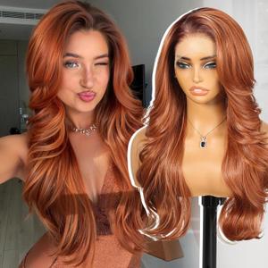 KOME Auburn Synthetic Lace Front Wig,13x4 HD Lace Layered Ginger Glueless Wigs for Women Daily Use 26IN
