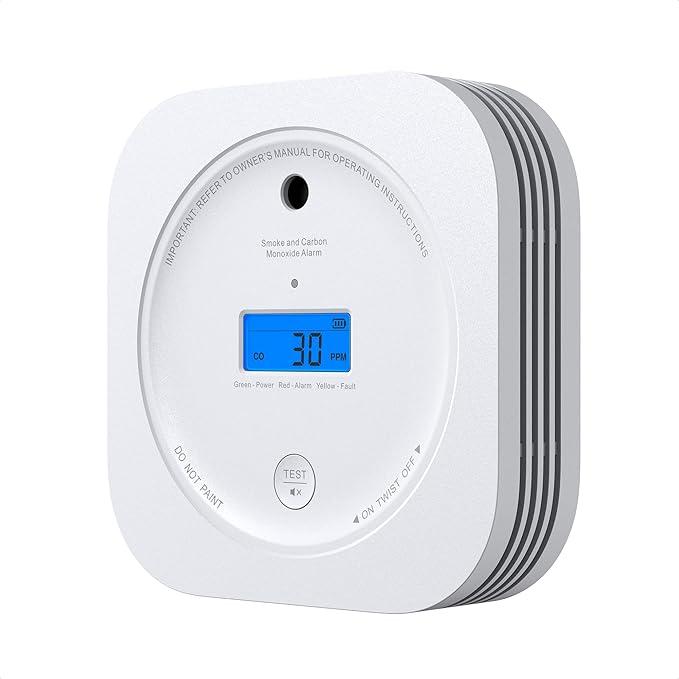 Smoke & Carbon Monoxide Alarm with Digital LCD Display, AEGISLINK Combination Smoke and CO Alarm Detector with 10-Year Lifespan & Replaceable Battery and Test/Silence Button