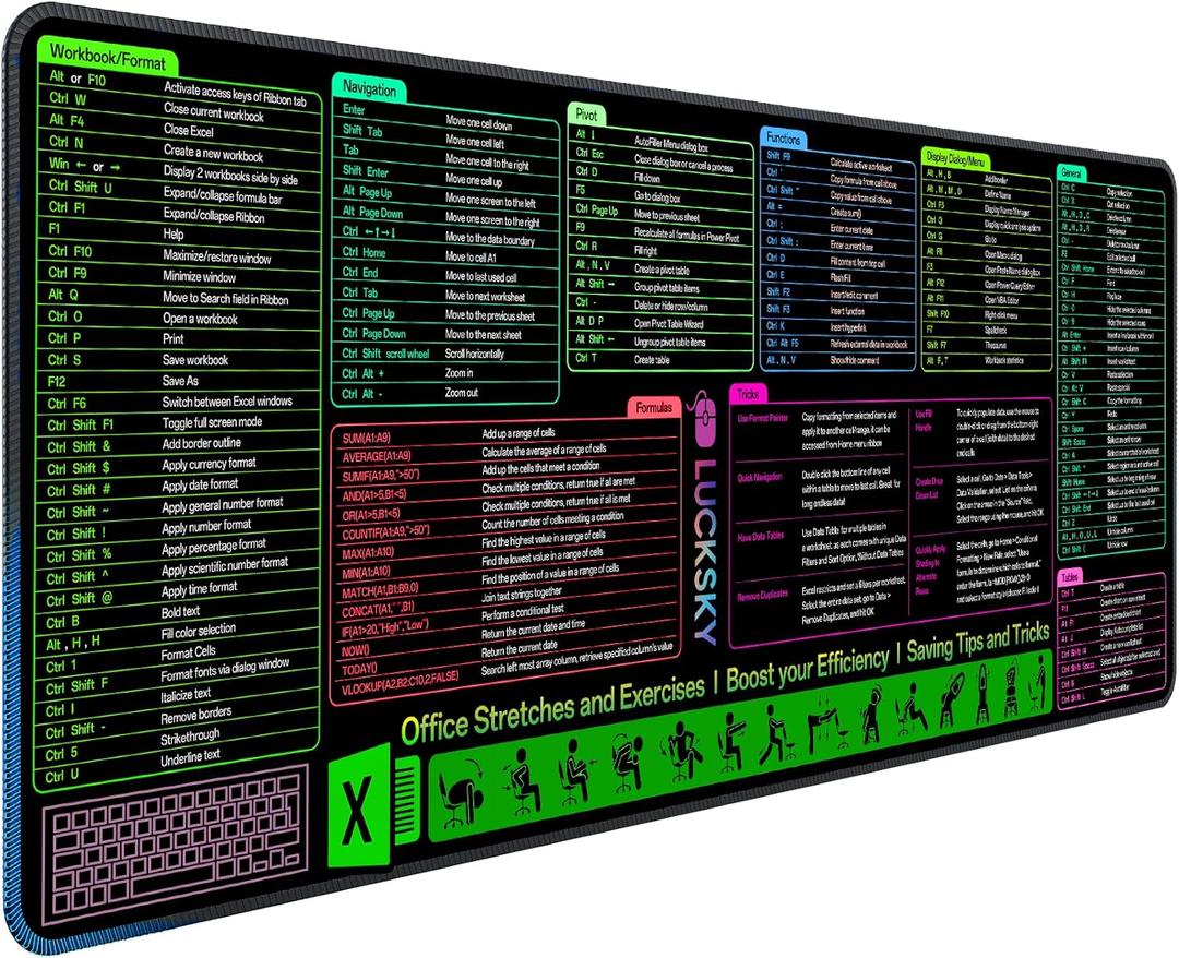 Large Excel Cheat Sheet Desk Pad, Cheat Table Gaming Mousepad, Over 150 Excel Shortcuts, Non-Slip Sewn Edge, Suitable for Office Use, Employee Appreciation Gift