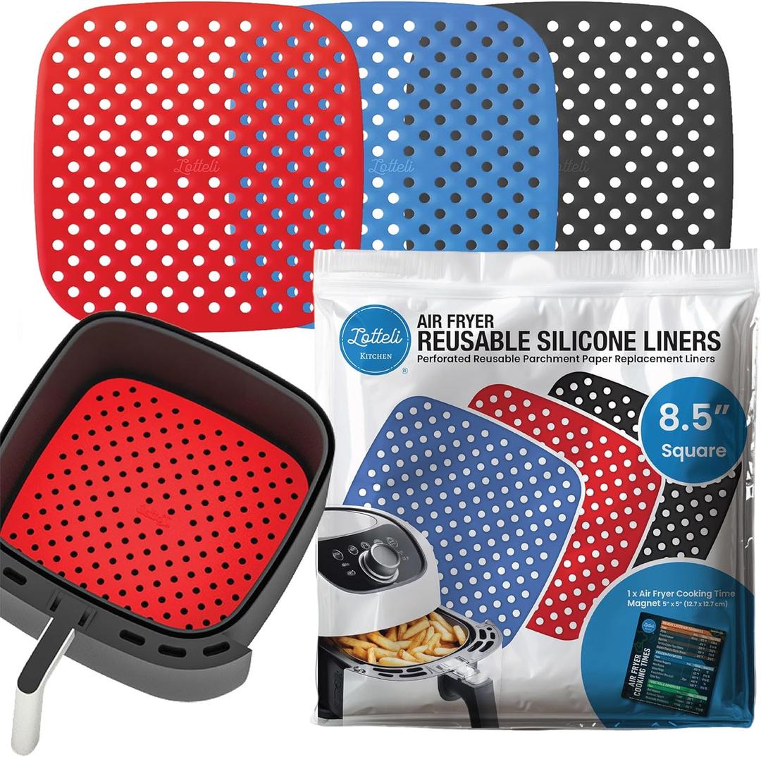 Reusable Air Fryer Liners 3 Pack for 5QT or Bigger - 8.5" Square Silicone Airfryer Liner - Easy Clean Air Fryer Accessories As Seen on the Today Show-Dishwasher Safe Non Stick Parchment Paper Replacer (Square 8.5")