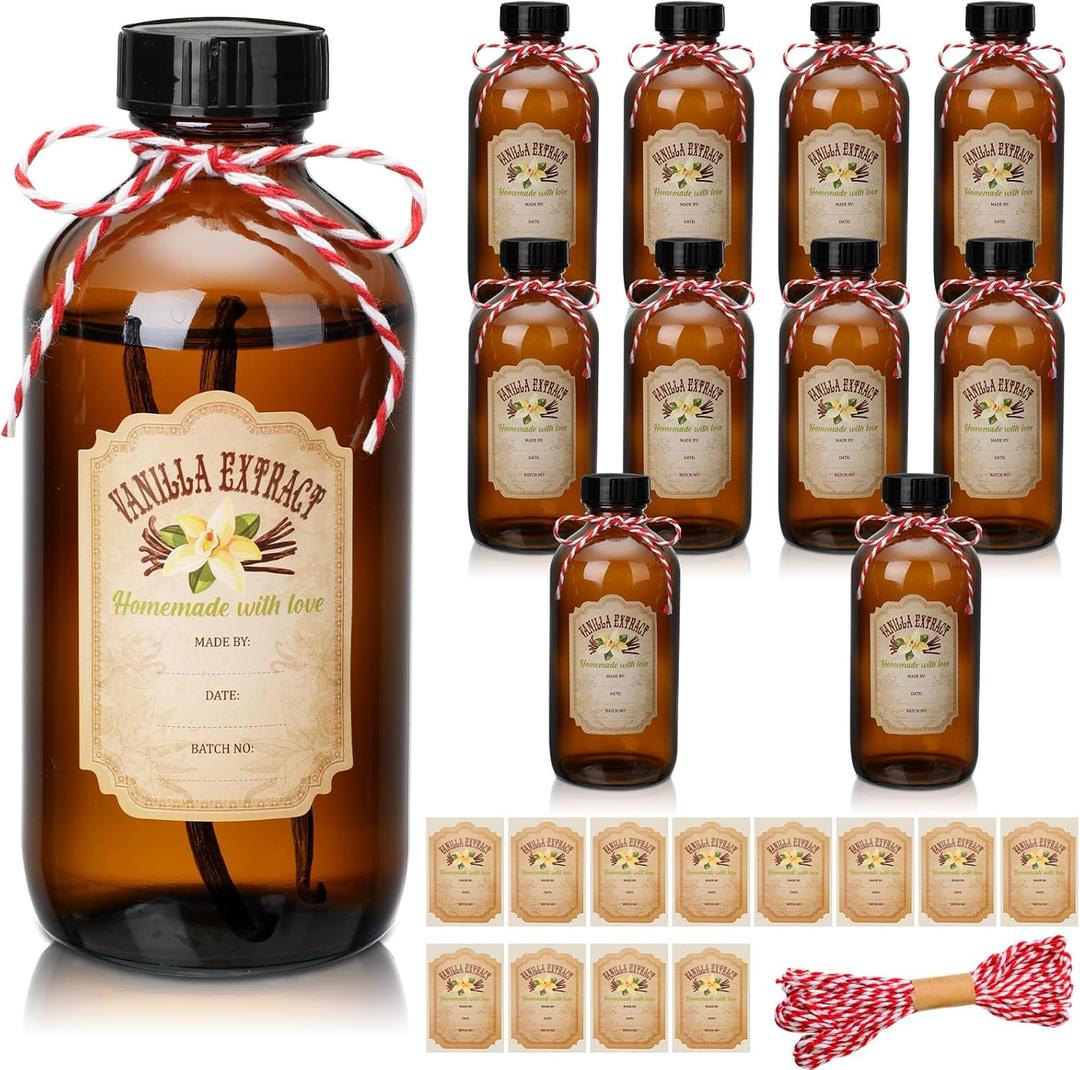 Zhehao 10 Pcs 8 oz Vanilla Extract Bottles Amber Boston Round Glass Boston Bottles for Vanilla Extract Homemade and Vanilla Extract Sticker for Syrup Gift Food Storage Canister Set for Sauce Beans