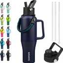 BJPKPK Insulated Water Bottles with Straw Lid, 40oz Metal Water Bottle with 2 lids & Paracord Strap, Double Wall Stainless Steel Tumbler with Handle, Reusable Cups, Mugs, Thermo, Navy Blue