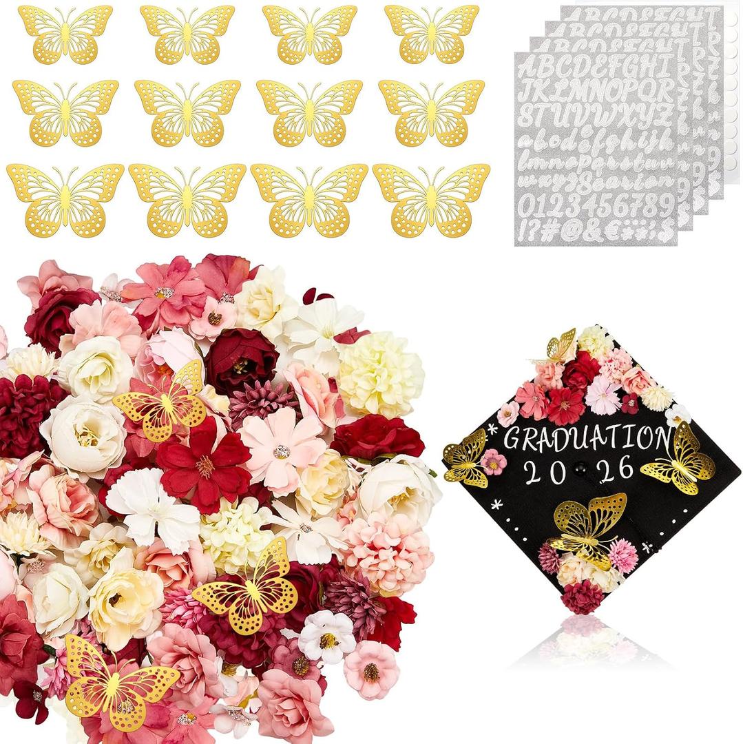 Hanaive 76 Pcs Handmade Decoration Kit for DIY Assorted Faux Flower 3D Butterflies Alphabet Letter Stickers for Graduation Cap Thanksgiving Gift Art Decor(Stylish Color)