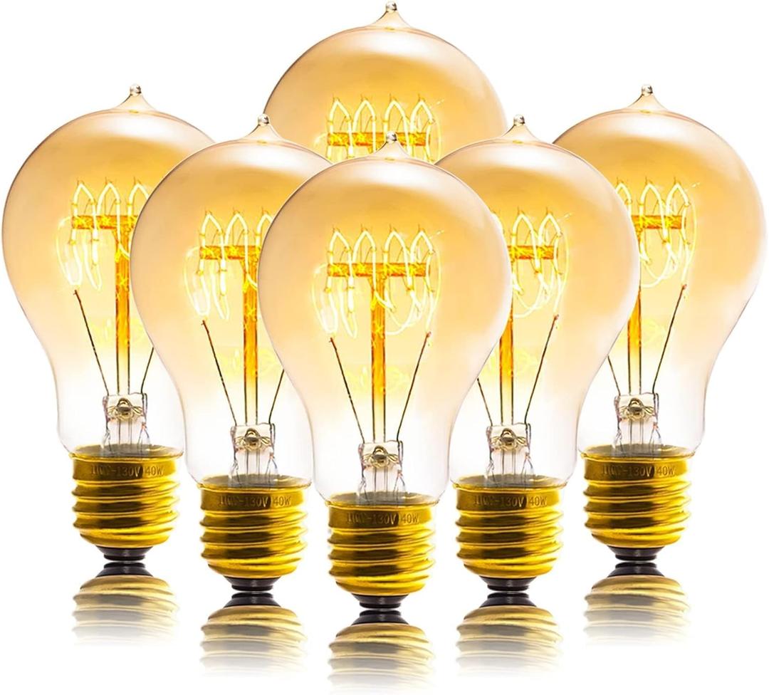 Edison Bulb, A19 Bulbs 6 Pack, Retro Style Incandescent Light Bulbs,Dimmable 120V 40W Antique Vintage Light Bulb, 240 Lmens E26 Base, Amber 2200K Warm White Light, for Home Office Desk Lamp