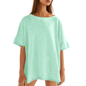 Tankaneo Women's Oversized T Shirts Casual Summer Crew Neck Loose Dropped Short Sleeve Side Slit Hem Blouse Tunic Tops Size S