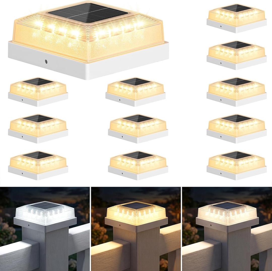 Brightever 4x4 Solar Post Cap Light 12-Pack, Fence Post Solar Lights with 3 Lighting Modes, Fits 4x4 3.5x3.5 Vinyl/Wood Posts, White Solar Powered Waterproof Deck Post Lights for Garden Patio Porch