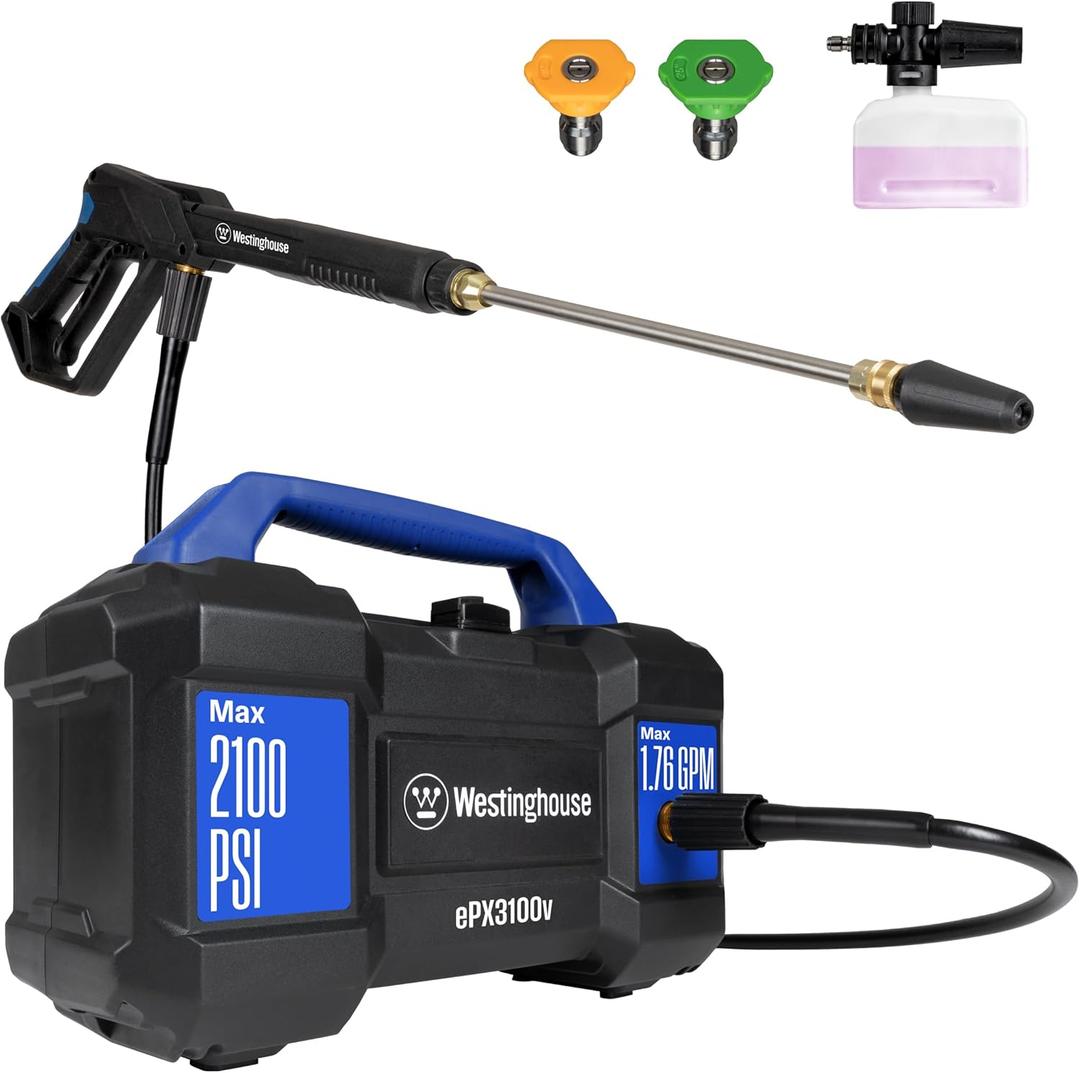Westinghouse ePX3100v Electric Pressure Washer, 2100 Max PSI 1.76 Max GPM, Built-in Carry Handle, Detachable Foam Cannon, Pro-Style Steel Wand, 3-Nozzle Set, for Cars/Fences/Driveways/Home/Patios