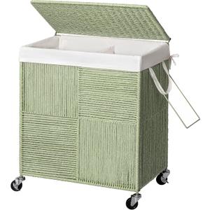 WOWLIVE Double Laundry Hamper with Lid, Handwoven Rolling Laundry Basket with Wheels, 115L Dirty Clothes Hamper with Removable Liner Bag Large Capacity Laundry Sorter Laundry Room Organization,Green