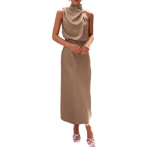 PRETTYGARDEN Women's 2025 Summer Satin Dress Elegant Sleeveless Mock Neck Cocktail Party Maxi Dresses XL (Champagne)