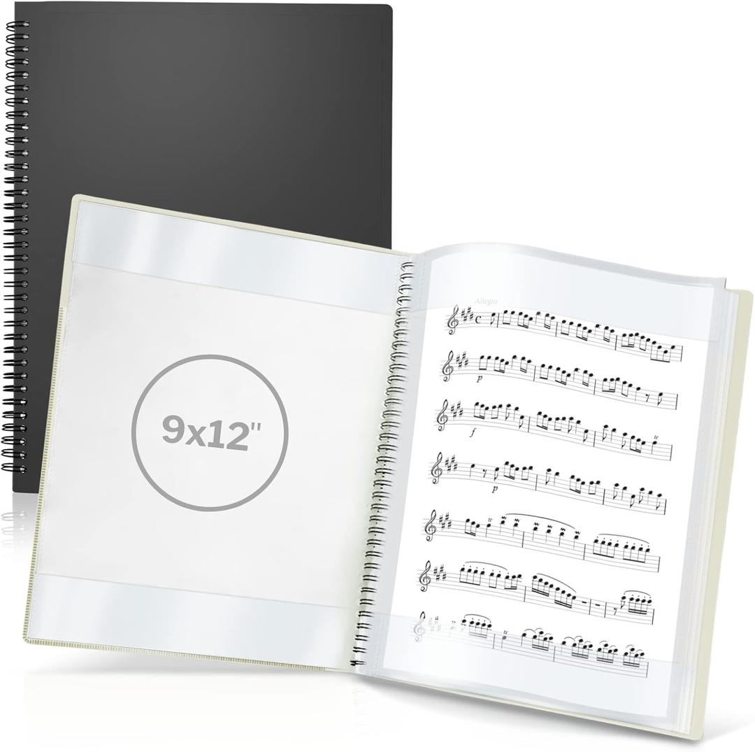 CRANBURY Sheet Music Folder 9x12 - Dual Use Music Holder (Black), Store Pages Inside 24 Protective Sleeves or Annotate Exposed Pages, Music Binder with Spiral Binding Stays Opens and Lays Flat
