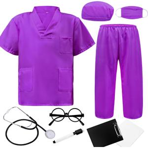 ZZIHAN Doctor Costume for Kids & Toddlers 9Pcs Scrubs Set for Boys & Girls Ages 3-12, Halloween, Career Day, Dress-Up Play (8/140, Purple)