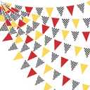 32Ft Racing Car Party Decorations Red Yellow Black White Checkered Race Car Triangle Flag Pennant Banner Fabric Garland Streamer for Kids Birthday NASCAR Theme Party Baby Shower BBQ Bar Outdoor Decor