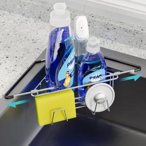 NiHome Extendable Arm Stainless Steel Kitchen Sink Corner Caddy, Easy Install Space-Saving Adjustable Sponge Holder for All Sink Types, Non-Slip Rust-Resistant for Brushes, Soap, Sponges (Silver)