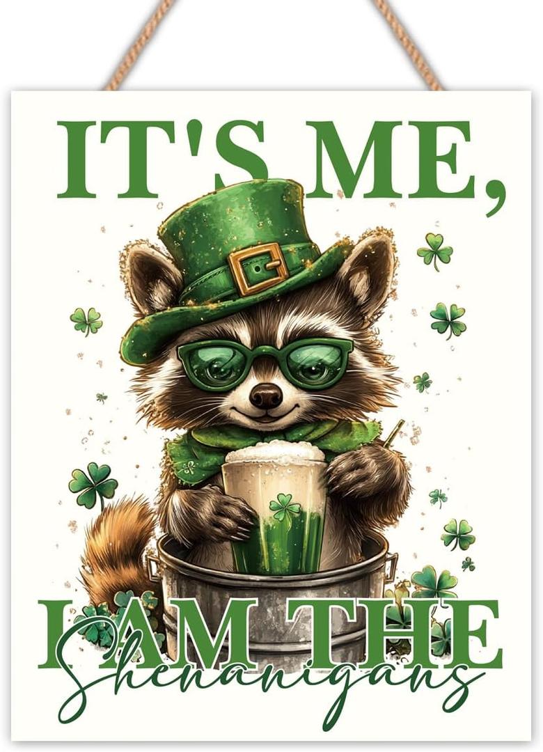 St Patricks Day Decor Coffee Bar Signs, Raccoon Gifts, St. Patrick's Day Decorations, Shamrock Raccoon Wooden Sign Home Office Kitchen Coffee Bar Hanging Wall Art Decorations 10 X 8 Inches