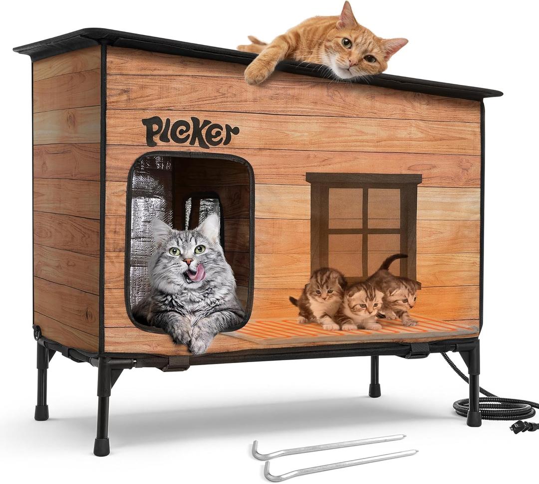 Heated Cat House for Outside: Apartment Design 31.5" Waterproof & Insulated Outdoor Cat House for Winter, Weatherproof Elevated Feral Cat Shelter with Heating Pad, Warm Houses for Outdoor Cats Stray