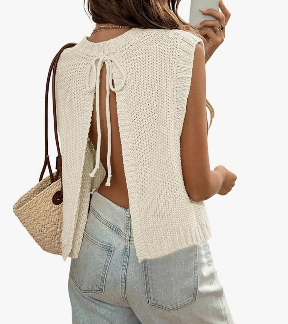 GORGLITTER Women's Y2k Open Back Tie Sweater Vest Bow Backless Cropped Knit Tank Tops Sleeveless Pullover Top Ivory XS